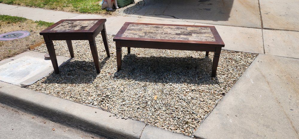 Free Dark Wood Coffee Table & End Table Set with Tile Tops