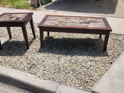 Free Dark Wood Coffee Table & End Table Set with Tile Tops