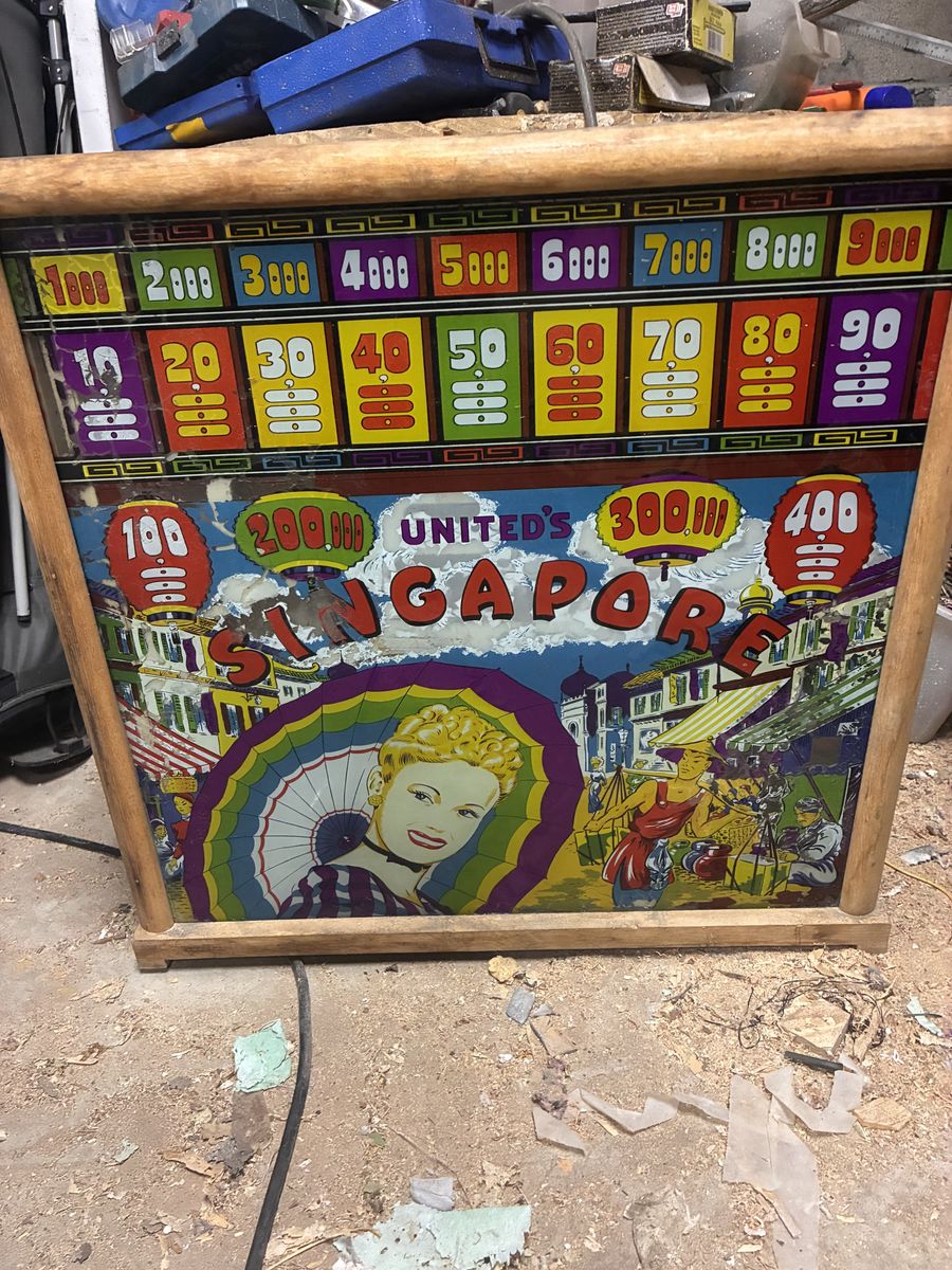Vintage United's Singapore Pinball Machine Backbox Scoreboard Backglass
