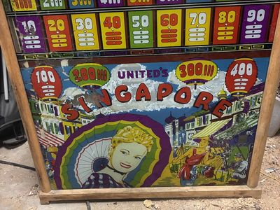 Vintage United's Singapore Pinball Machine Backbox Scoreboard Backglass