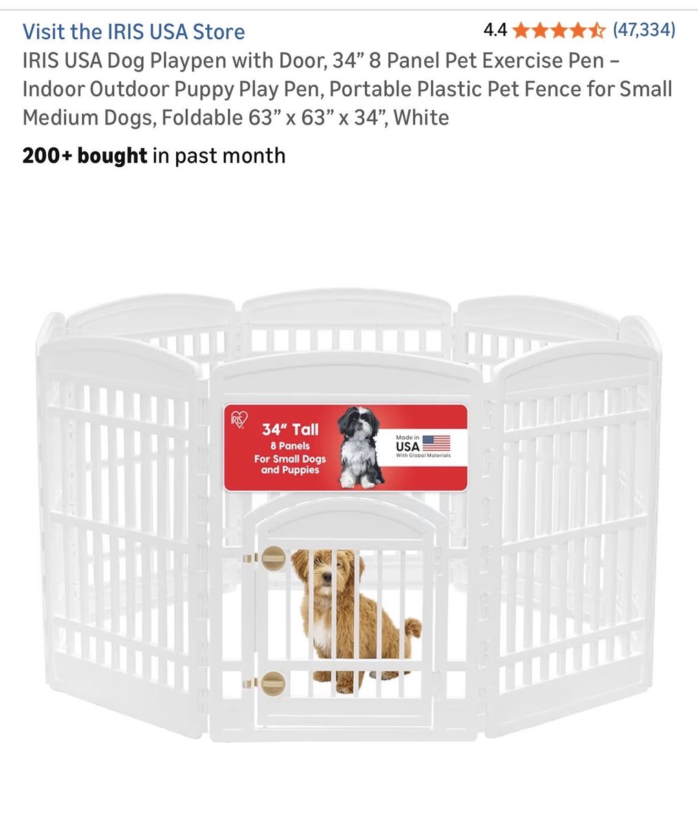 IRIS USA 34" Tall 8-Panel White Dog Pen with Locking Door - Indoor/Outdoor Puppy Exercise Pen Enclosure