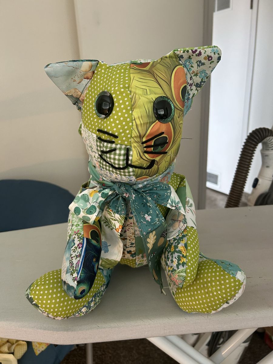 Handmade Patchwork Memory Cat Stuffed Animal Green Floral Polka Dot Ribbon Bow