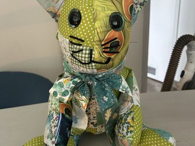 Handmade Patchwork Memory Cat Stuffed Animal Green Floral Polka Dot Ribbon Bow
