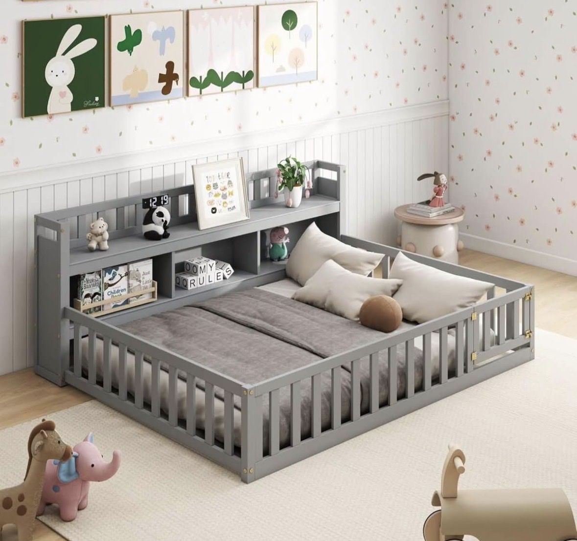 Full size platform bed with bookcase