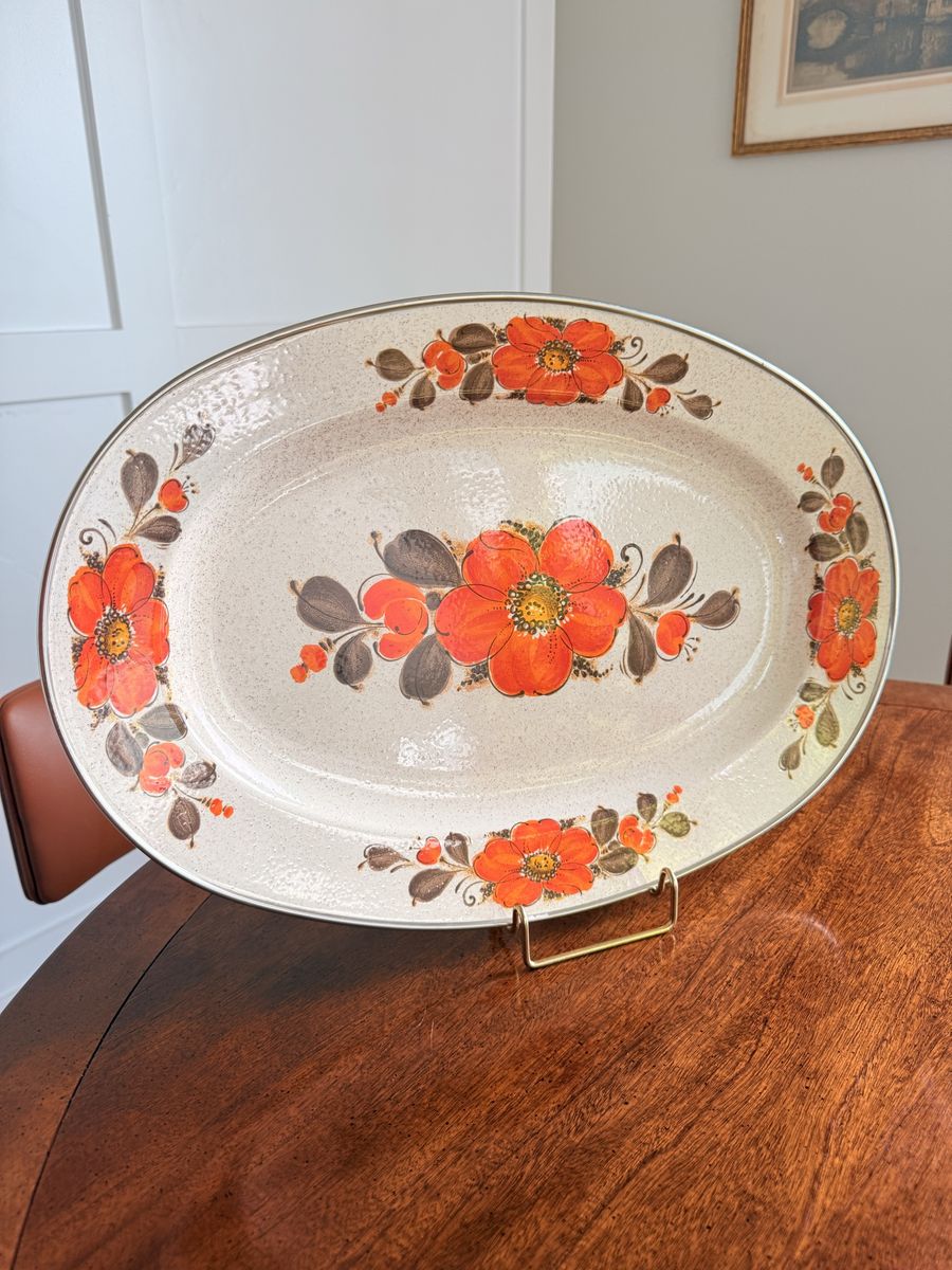 Vintage Ceramic Oval Serving Platter with Orange Floral and Brown Leaf Pattern 18x12