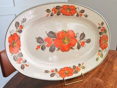 Vintage Ceramic Oval Serving Platter with Orange Floral and Brown Leaf Pattern 18x12