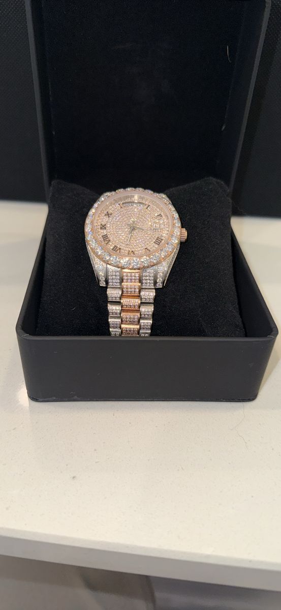Two-Tone Iced Out Roman Numeral Day-Date Style Wristwatch 