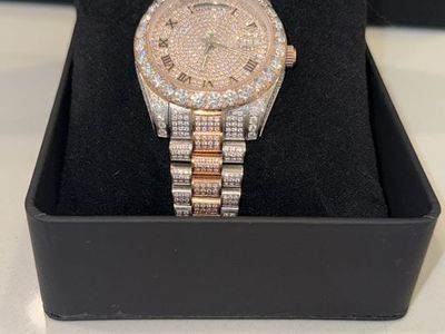 Two-Tone Iced Out Roman Numeral Day-Date Style Wristwatch