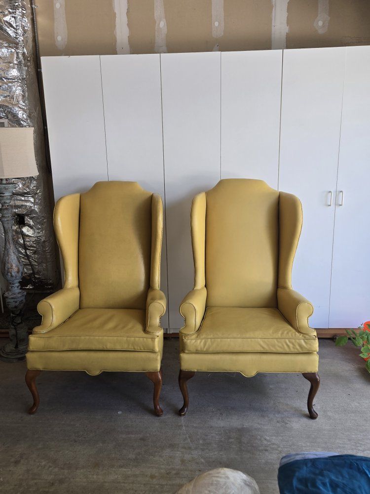 Vintage Fradell Custom De Luxe Early American Yellow Wingback Armchairs - Pair