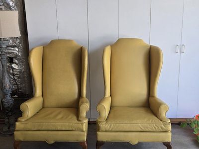 Vintage Fradell Custom De Luxe Early American Yellow Wingback Armchairs - Pair