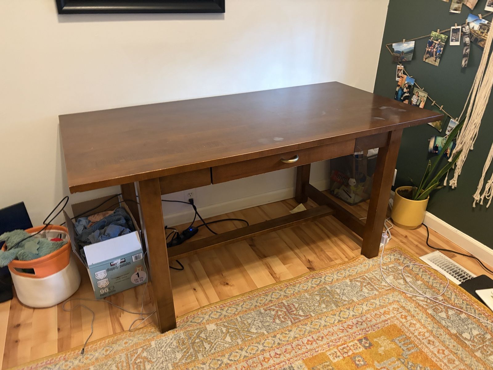 Solid Wood Writing Desk with Center Drawer - Brown