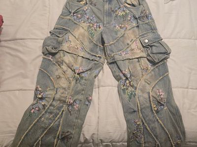 Unbranded Light Wash Floral Embroidered Denim Pants Y2K Style Size L