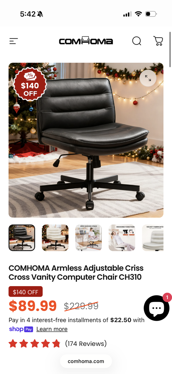 Black COMHOMA Armless Adjustable Criss Cross Vanity Computer Chair CH310