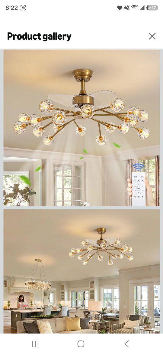 42" Brushed Brass Gold 18-Light Crystal Ceiling Fan Light with Remote