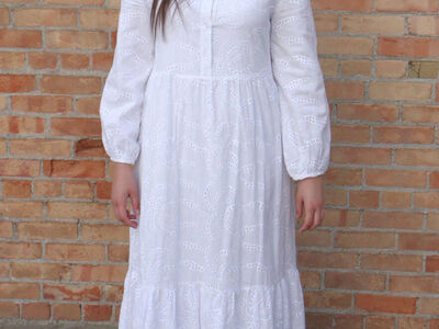 Aspen Button Eyelet Temple Dress in White