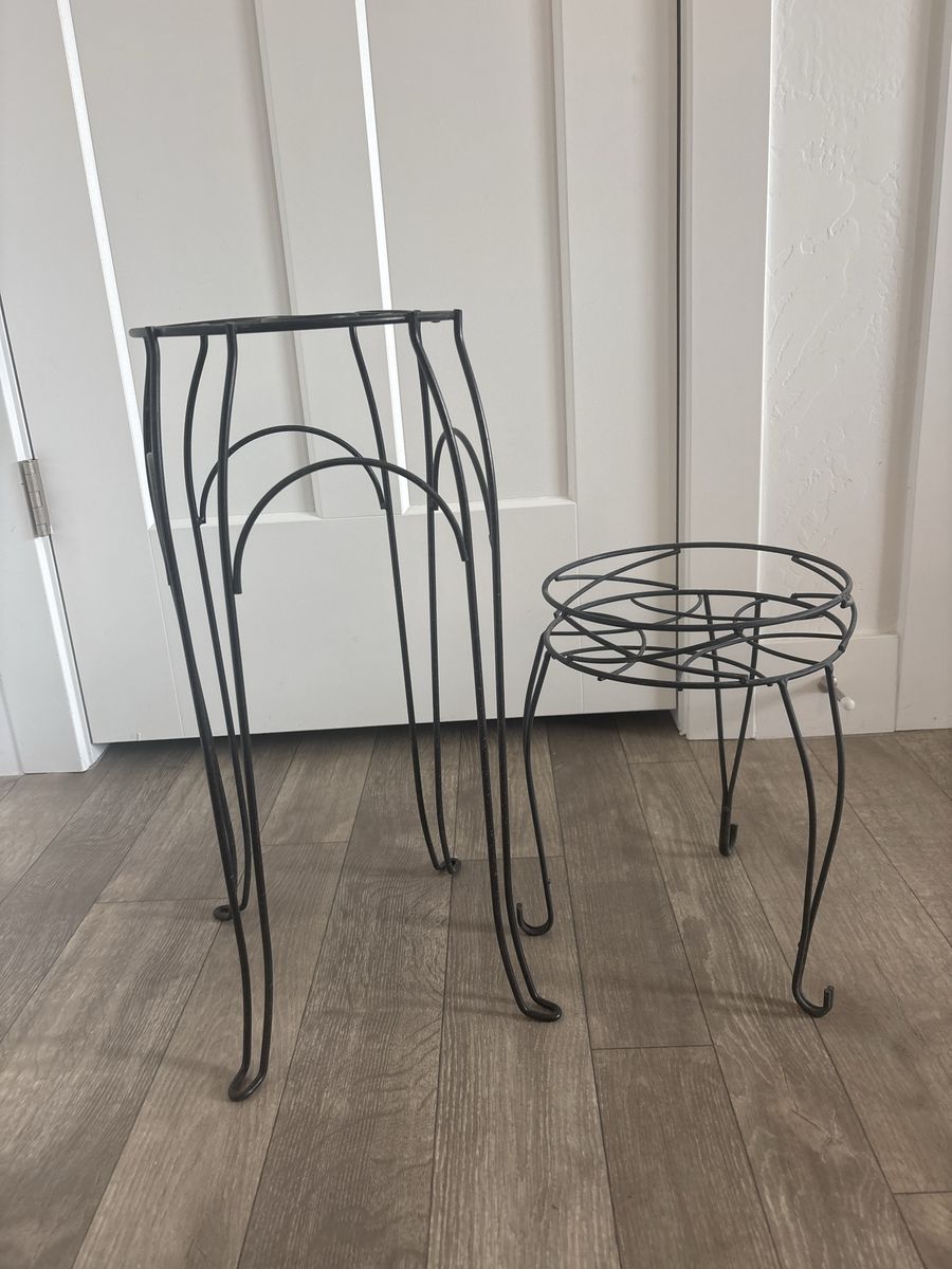 3 metal plant stands (2 small, 1 tall)