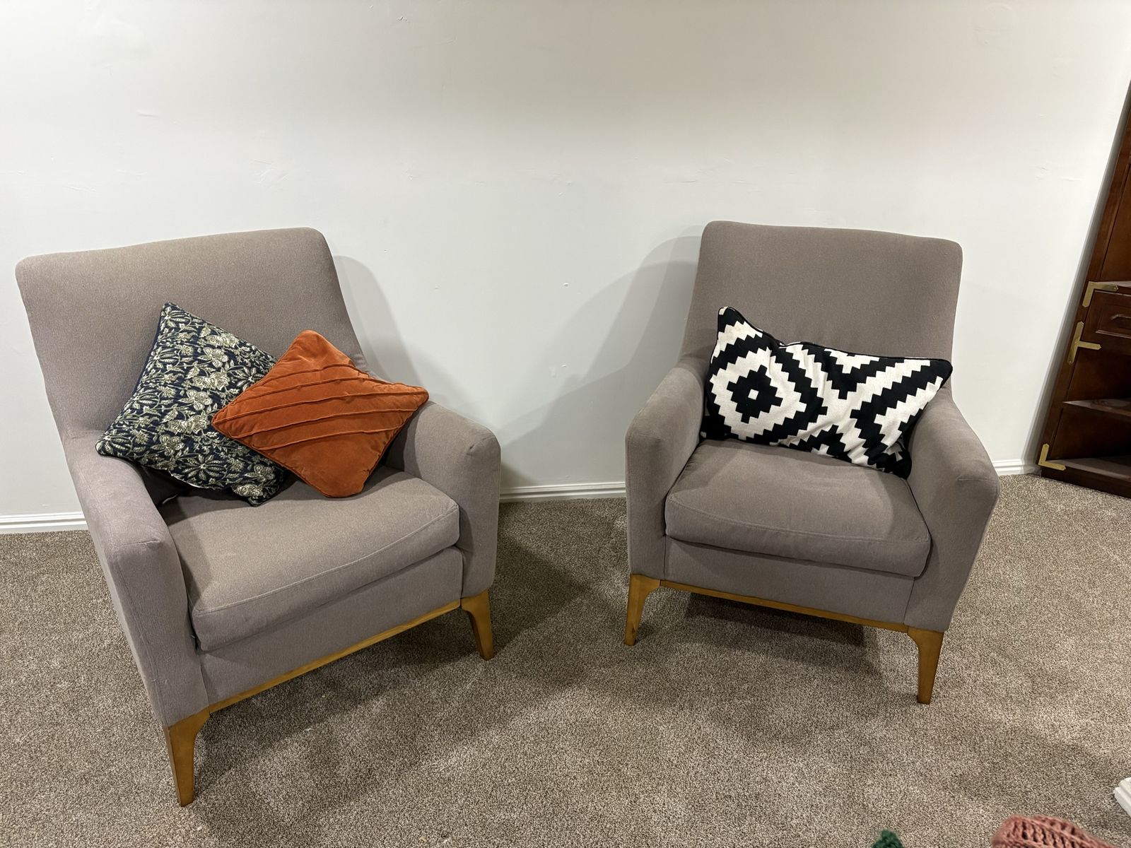 Set of 2 West Elm Modern Gray Fabric Accent Armchairs with Wood Legs