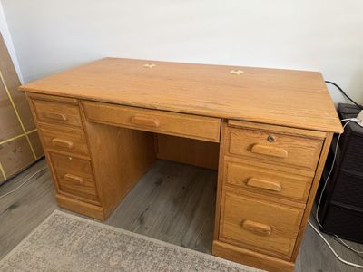 Solid Wood Executive Desk - Oak Finish with File Drawers & Keyboard Tray