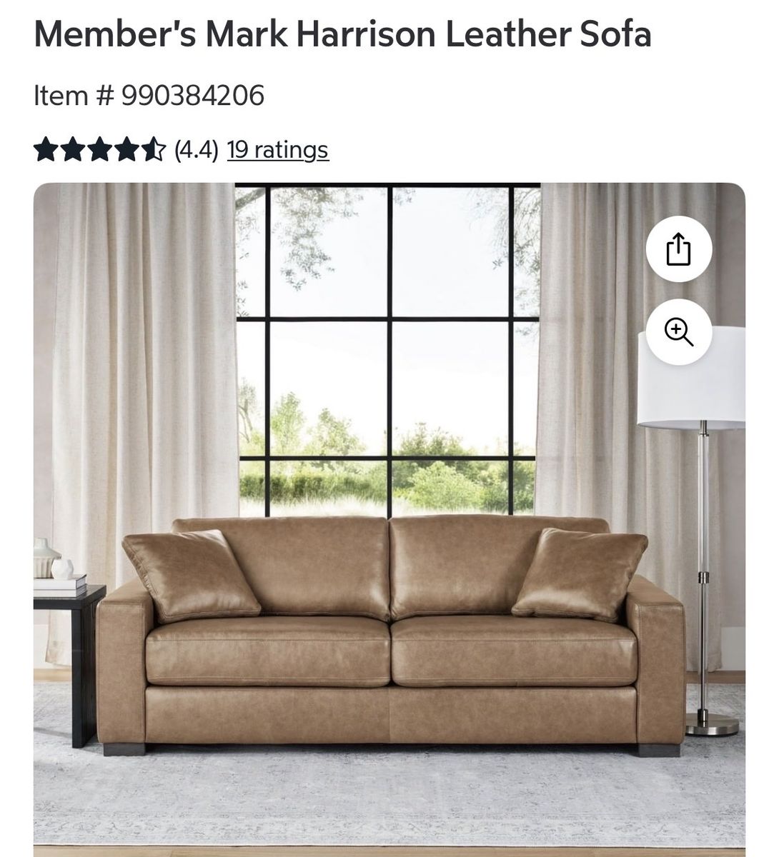 Member's Mark Harrison 84.65" Tan Leather Sofa with Premium High-Density Foam Cushions