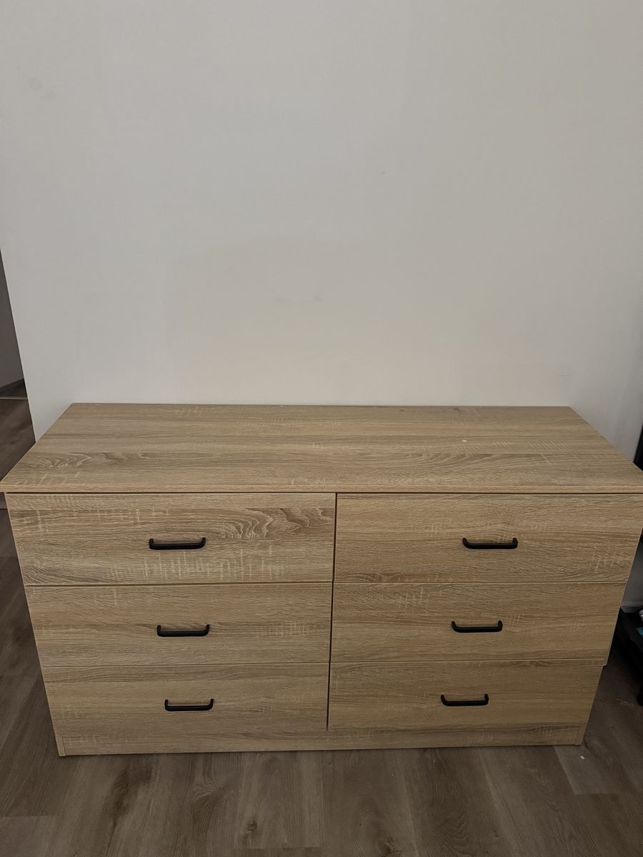 Light Wood Finish 6-Drawer Double Dresser with Black Handles