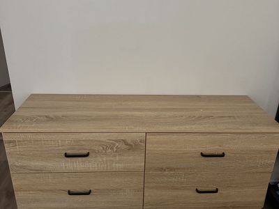 Light Wood Finish 6-Drawer Double Dresser with Black Handles
