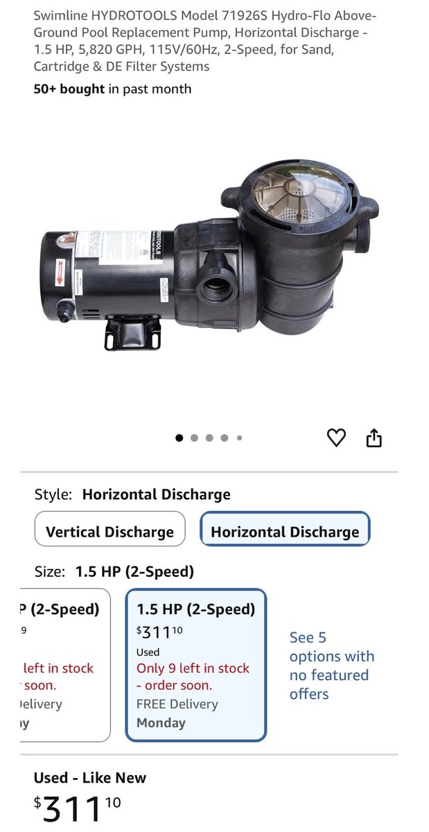 Swimline HYDROTOOLS 71926S 1.5 HP 2-Speed Horizontal Discharge Above-Ground Pool Pump