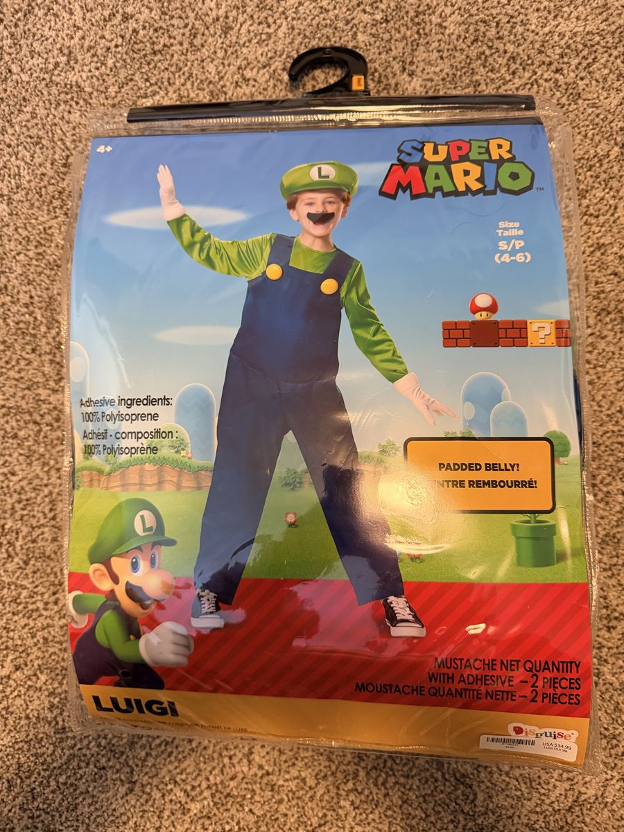 Super Mario Luigi Deluxe Child Costume Size S (4-6)