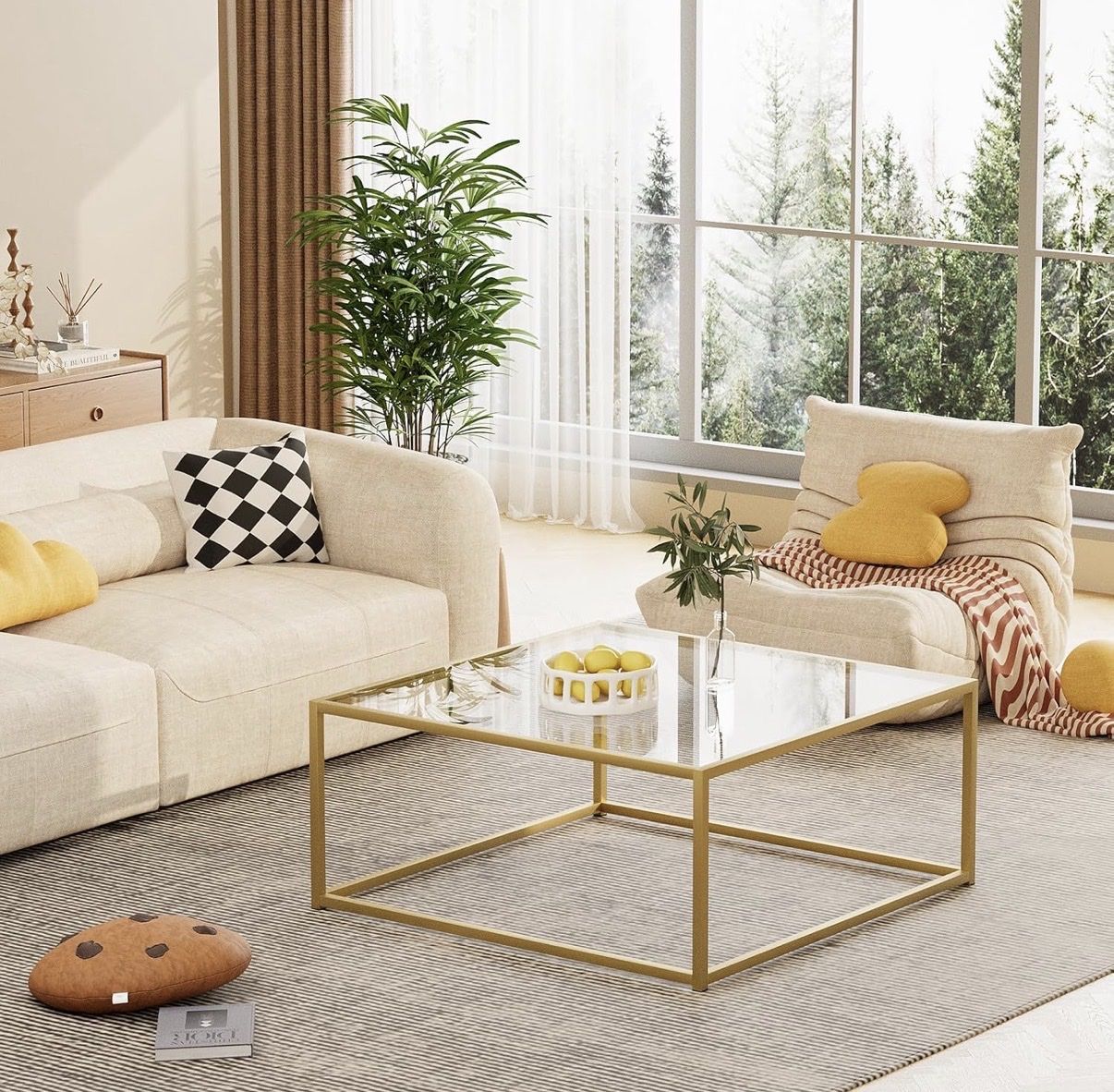 Glass Coffee Table – Small Square – Gold Frame (26” x 26”)