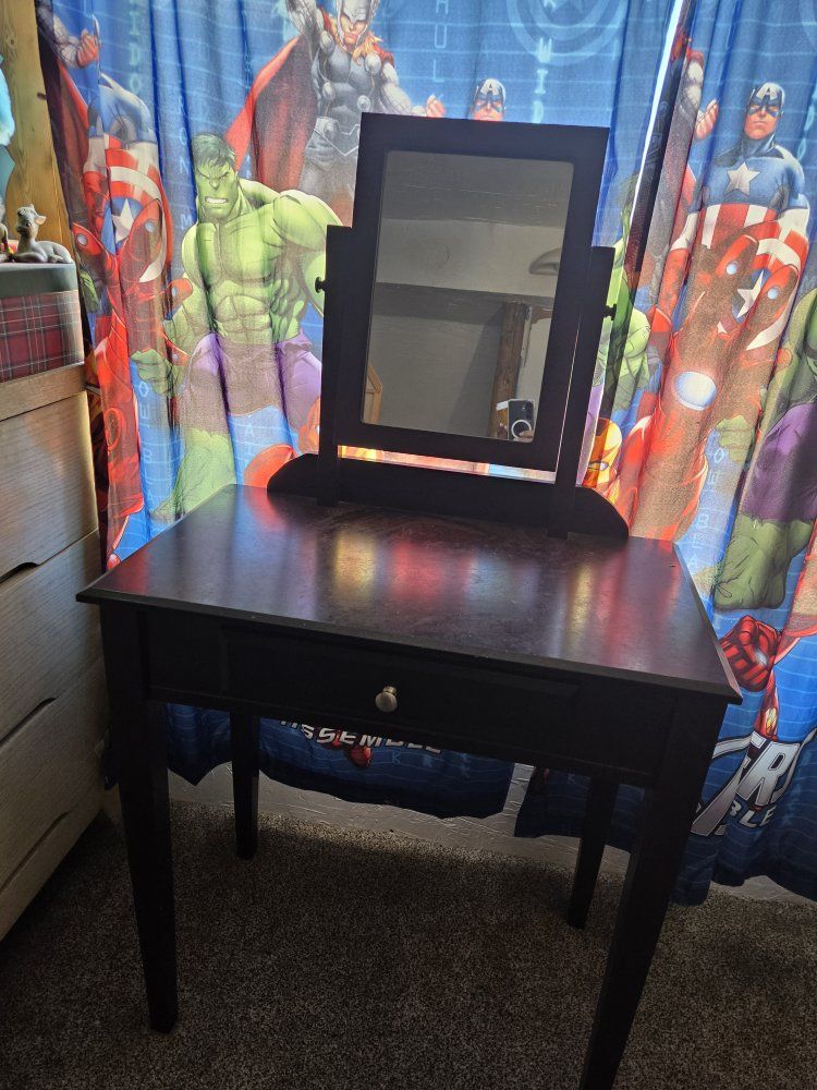Black Wooden Vanity Dressing Table with Mirror & Matching Padded Stool - Good Condition