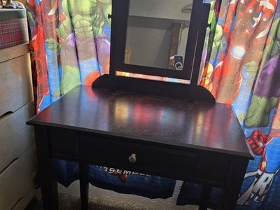 Black Wooden Vanity Dressing Table with Mirror & Matching Padded Stool - Good Condition