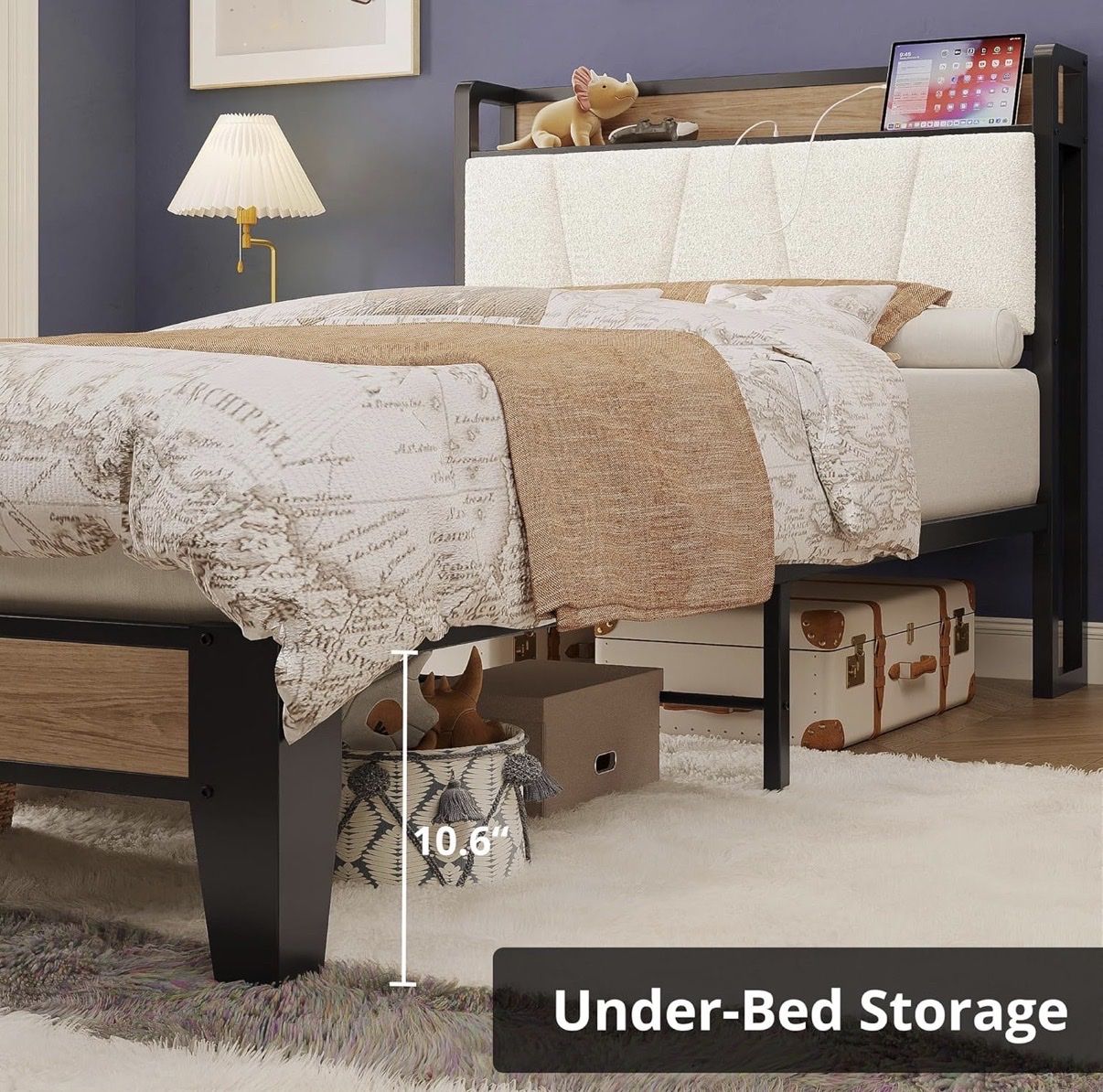 Twin Bed Frame + Mattress, Storage Headboard w/ Charging Station, 8” Gel Memory Foam Mattress