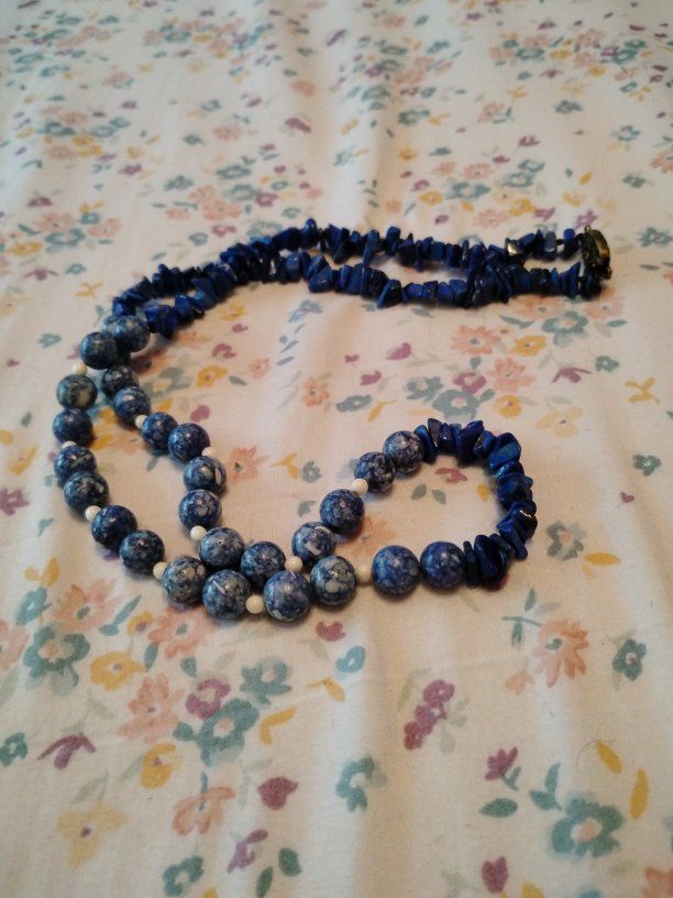 Vintage Blue Beaded & Chip Stone Necklace - Unique Two-Strand Design