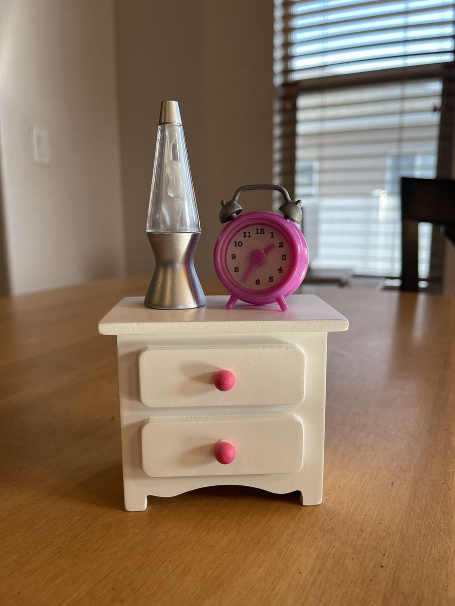 Doll Nightstand, wood with Pink Knobs + Our Generation Lava Lamp & Alarm Clock