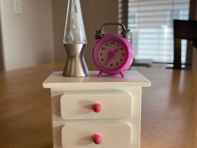 Doll Nightstand, wood with Pink Knobs + Our Generation Lava Lamp & Alarm Clock