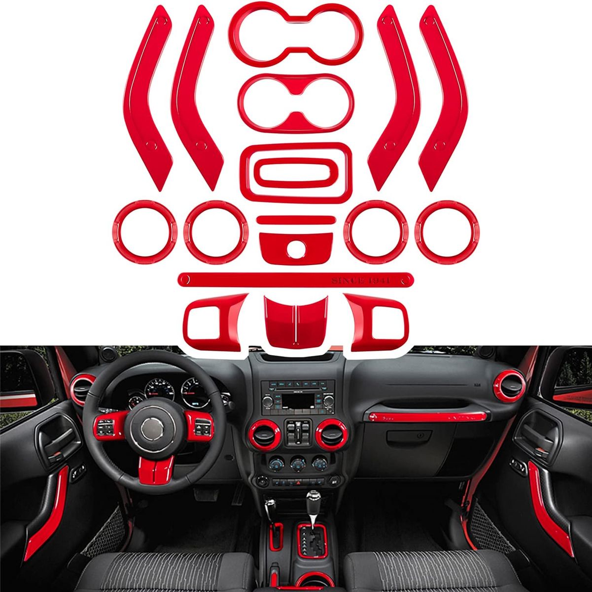 2011-2018 Jeep Wrangler JK JKU -18 PCS Full Set Interior Decoration Trim Kit, Red