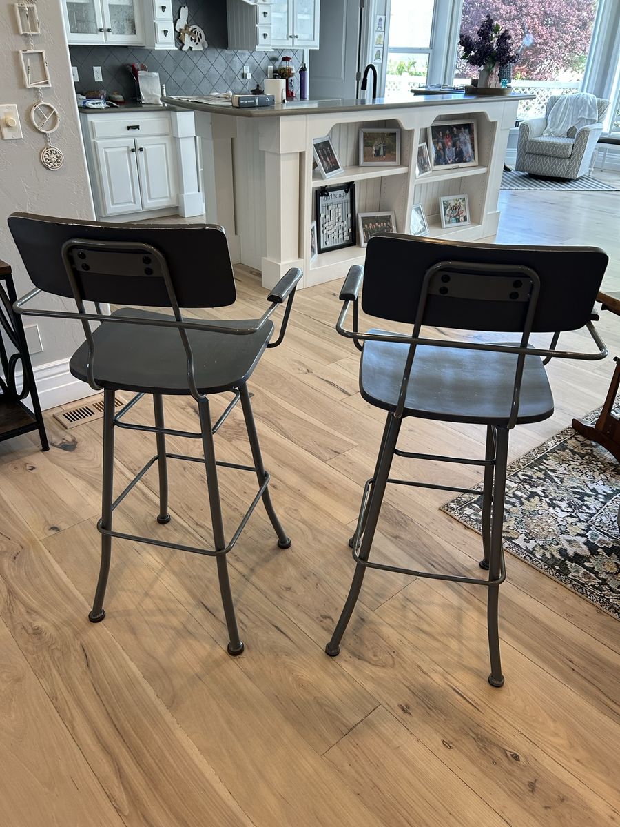 Set of 2 Industrial Gray Metal & Wood Bar Stools with Backs and Armrests, Counter Height
