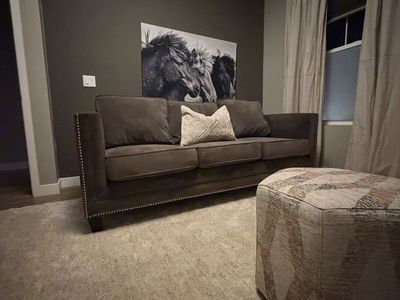 Dark Charcoal Fabric Sofa with Nailhead Trim