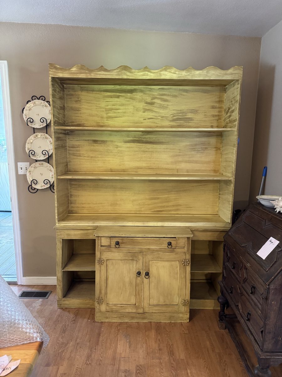 Cadillac Cabinet Co. Vintage Style Distressed Yellow Solid Wood Hutch Cabinet with Drawers, Shelves, & Original Inc Well