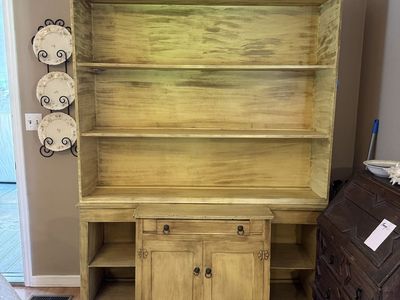 Cadillac Cabinet Co. Vintage Style Distressed Yellow Solid Wood Hutch Cabinet with Drawers, Shelves, & Original Inc Well