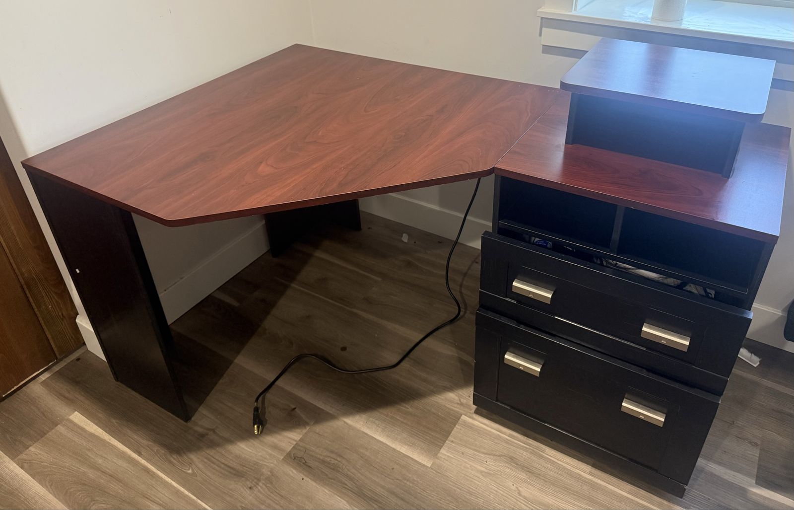 Corner Desk with Dark Cherry Top and Black Base - 2 Drawers, Cubbies, Printer Stand, Power Strip. Desk is very sturdy!