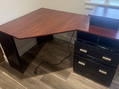 Corner Desk with Dark Cherry Top and Black Base - 2 Drawers, Cubbies, Printer Stand, Power Strip. Desk is very sturdy!