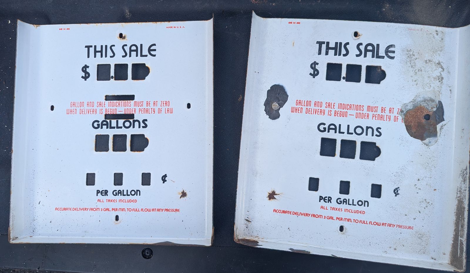 PAIR OF VINTAGE GAS PUMP PORCELAIN FACE PLATES “THIS SALE/GALLONS”