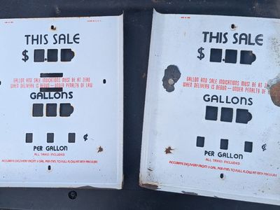 PAIR OF VINTAGE GAS PUMP PORCELAIN FACE PLATES “THIS SALE/GALLONS”