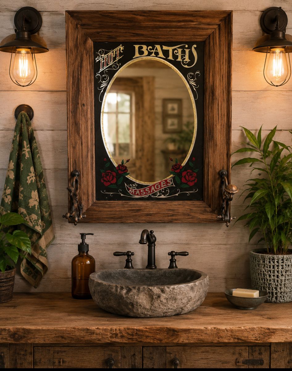 Vintage Style "Hot Baths and Massages" Wood Framed Wall Mirror with Hooks