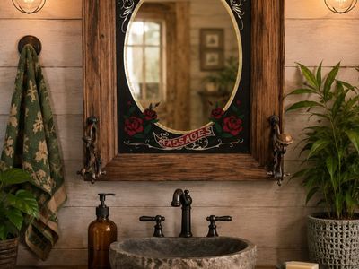 Vintage Style "Hot Baths and Massages" Wood Framed Wall Mirror with Hooks