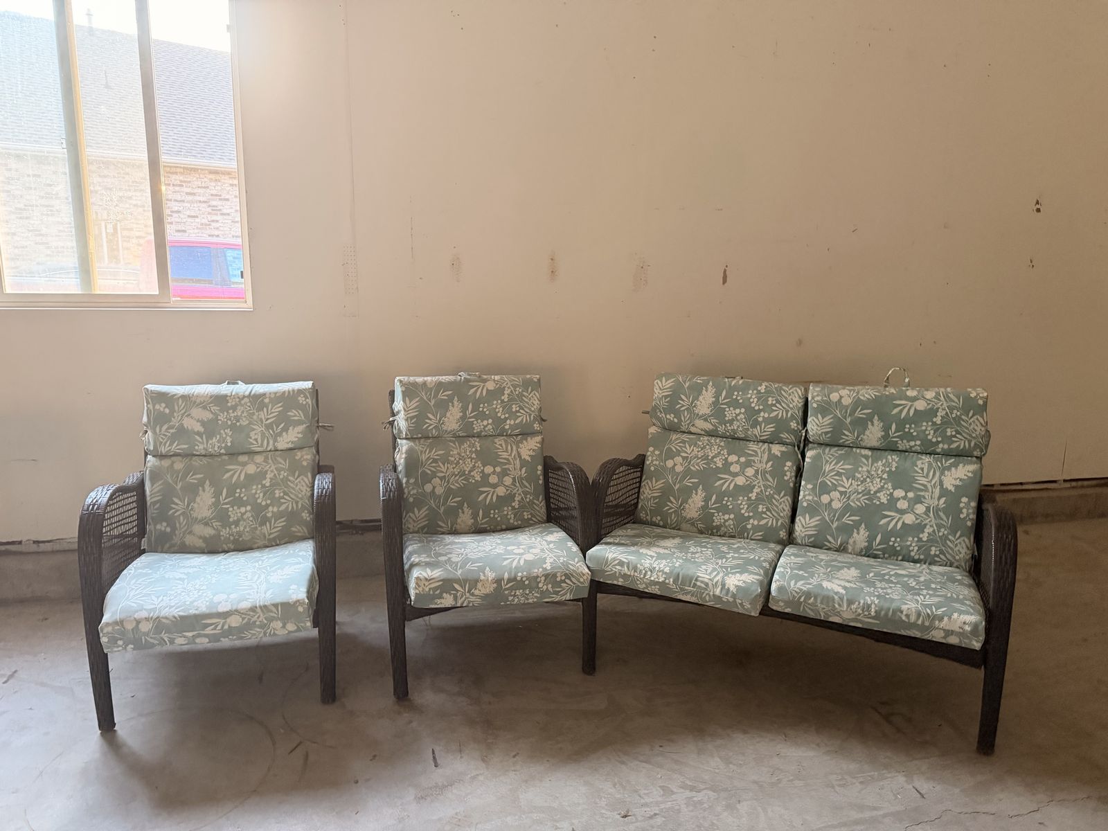 Patio Wicker Furniture Set - Loveseat and Two Armchairs with Floral Cushions