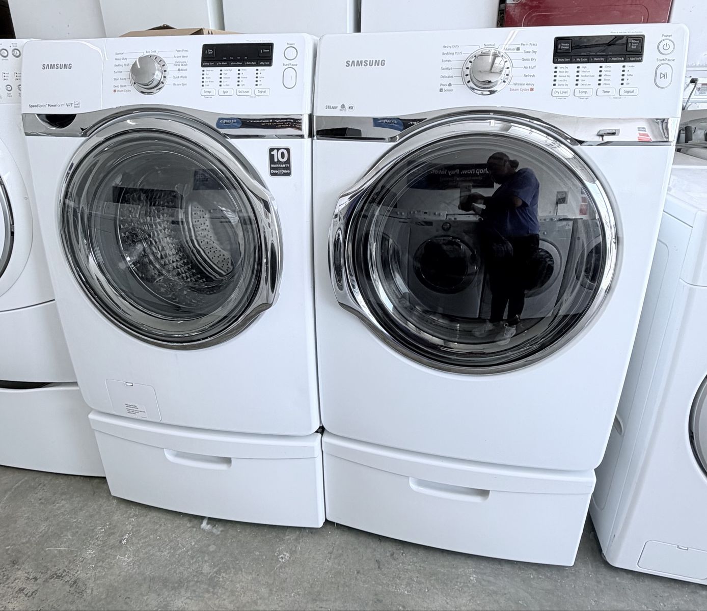 Samsung White Front Load Washer & Electric Dryer Set with Steam & Pedestals