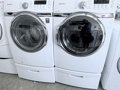 Samsung White Front Load Washer & Electric Dryer Set with Steam & Pedestals
