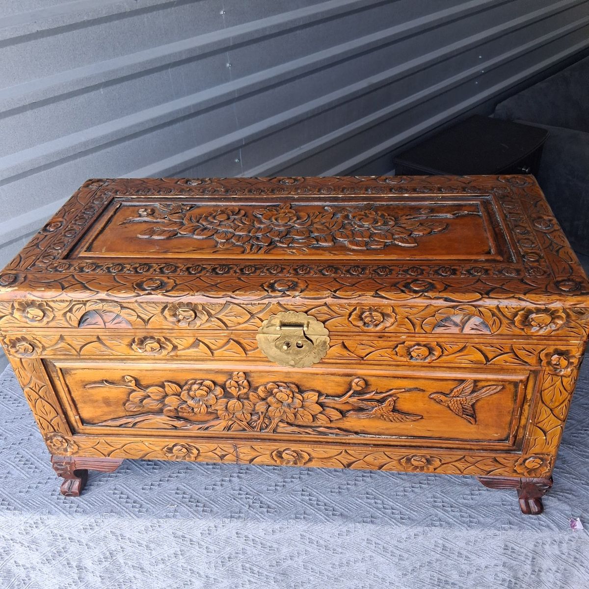 Vintage Hand-Carved Wooden Storage Trunk with Floral and Bird Motifs