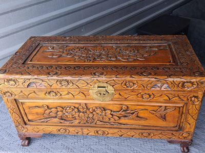 Vintage Hand-Carved Wooden Storage Trunk with Floral and Bird Motifs